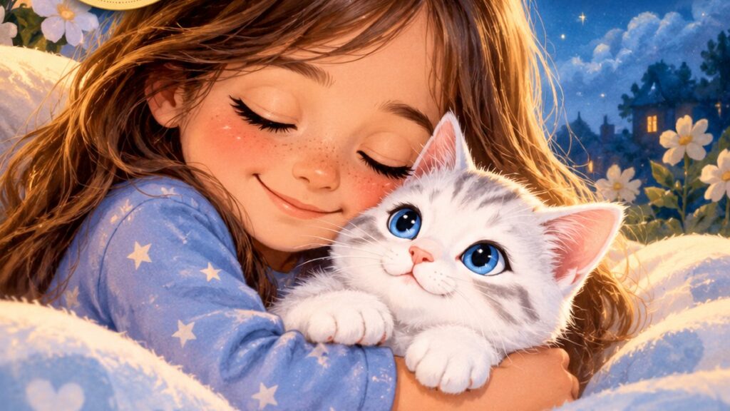 Menina abraçada com sua gatinha, ilustração do livro Serafina e os Segredos do Céu